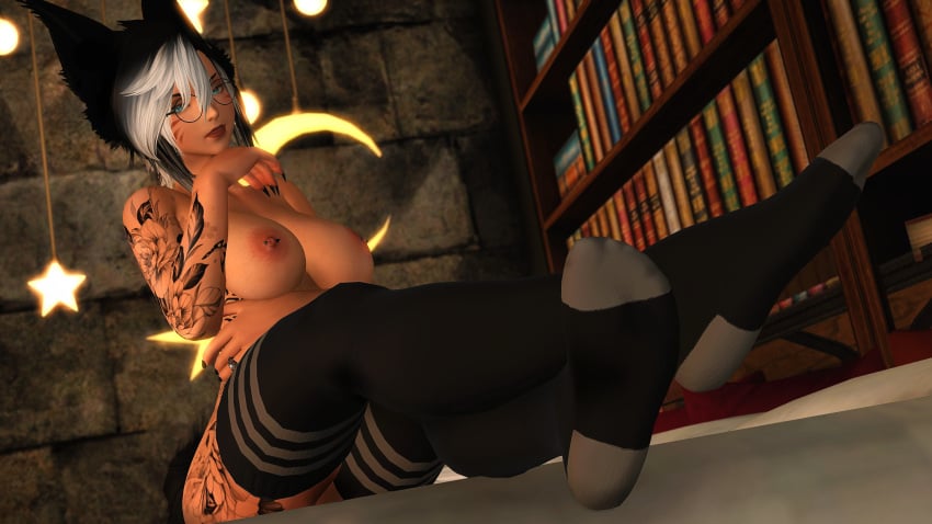 aylen_dawn aylen_ffxiv big_breasts black_thighhighs canid canine female_focus female_only final_fantasy final_fantasy_xiv fluffy_tail foot_fetish foot_focus kemonomimi miqo'te naked naked_female nipple_piercing no_shoes shoes_removed socks socks_only soles thighhighs tomboy