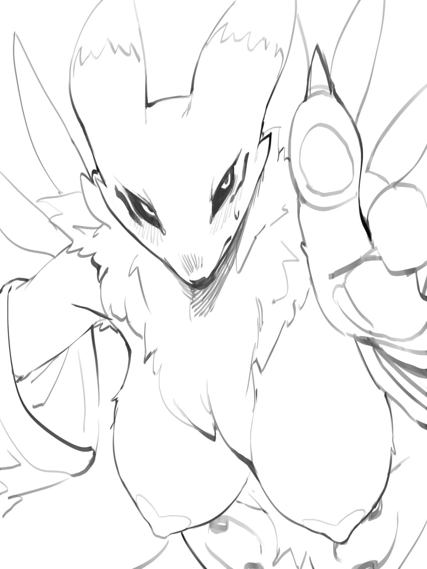 2023 3:4 3gs anthro areola bandai_namco big_breasts black_sclera blush bodily_fluids breasts canid digimon digimon_(species) facial_markings female head_markings hi_res high-angle_view line_art looking_at_viewer looking_up mammal markings monochrome neck_tuft nipples nude renamon simple_background solo sweat tuft white_background