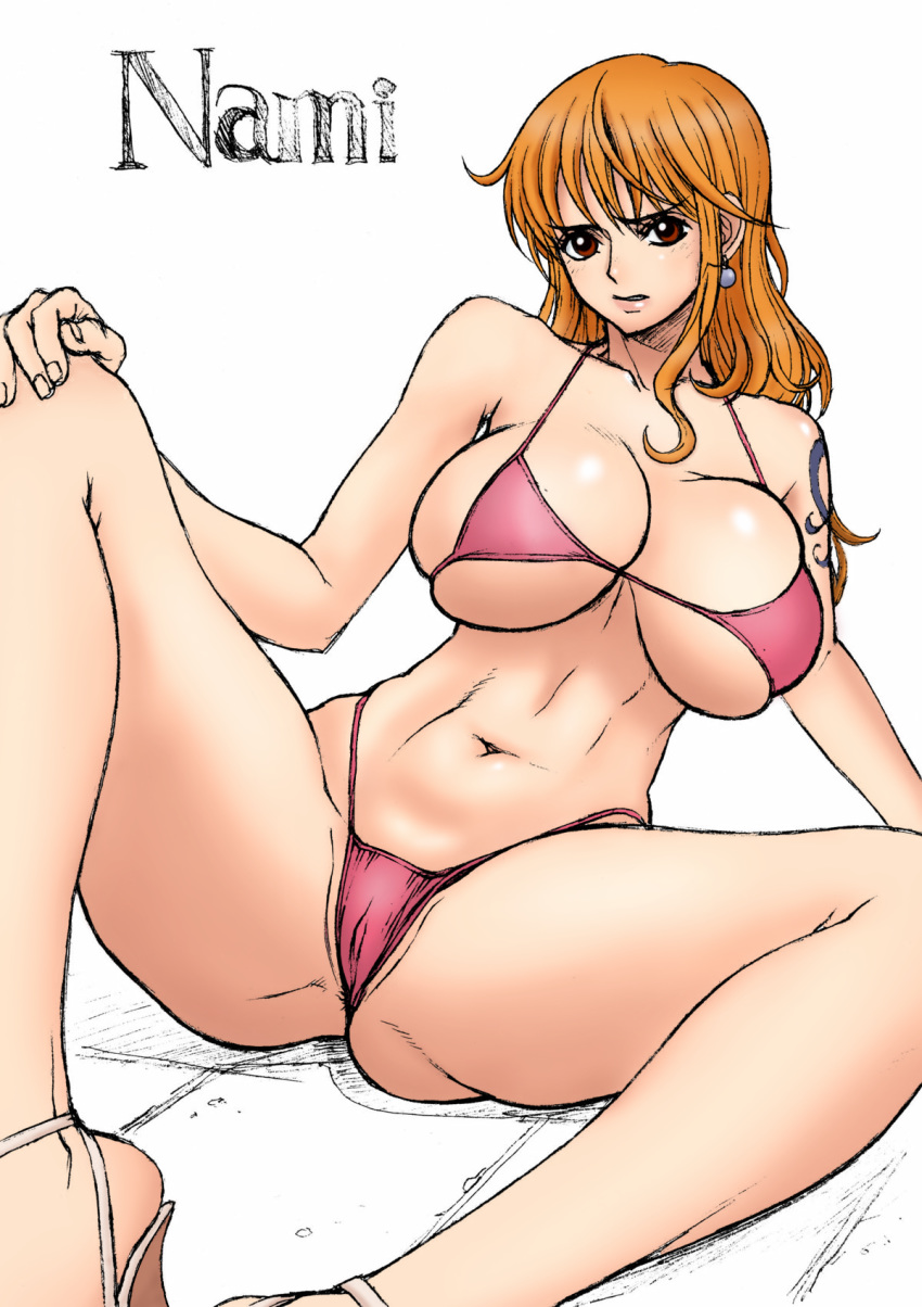 1girls belly_button bikini bikini_bottom bikini_top brown_eyes female female_only huge_breasts inoue_takuya looking_at_viewer nami one_piece orange_hair solo spread_legs white_background