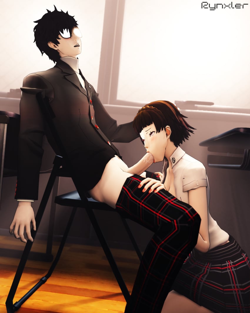 blowjob blowjob_face closed_eyes cock_in_mouth joker_(persona) kneeling makoto_niijima persona persona_5 rynxler submissive_female sucking sucking_penis