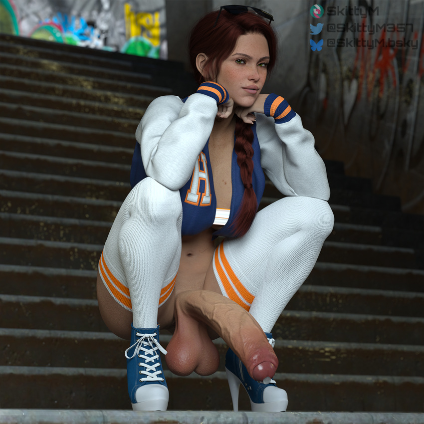 3d big_penis crouching foreskin futanari glasses_on_head green_eyes looking_at_viewer on_stairs red_hair self_upload skittym thighhighs uncircumcised varsity_jacket