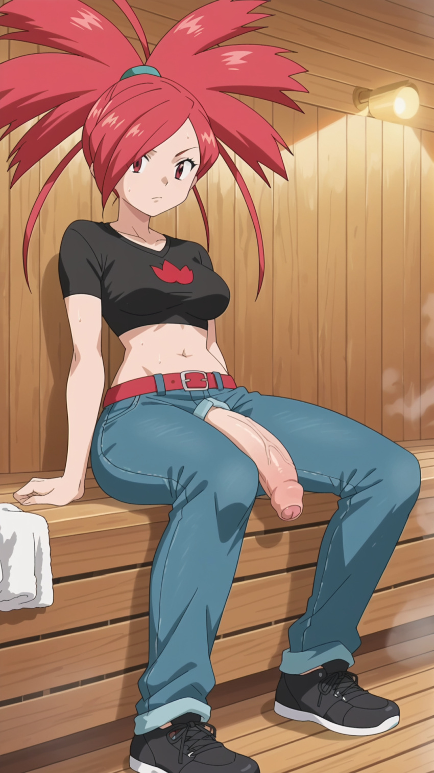 ai_generated big_penis flaccid flannery_(pokemon) foreskin futa_only futanari medium_breasts pokemon red_eyes red_hair sauna solo_futa