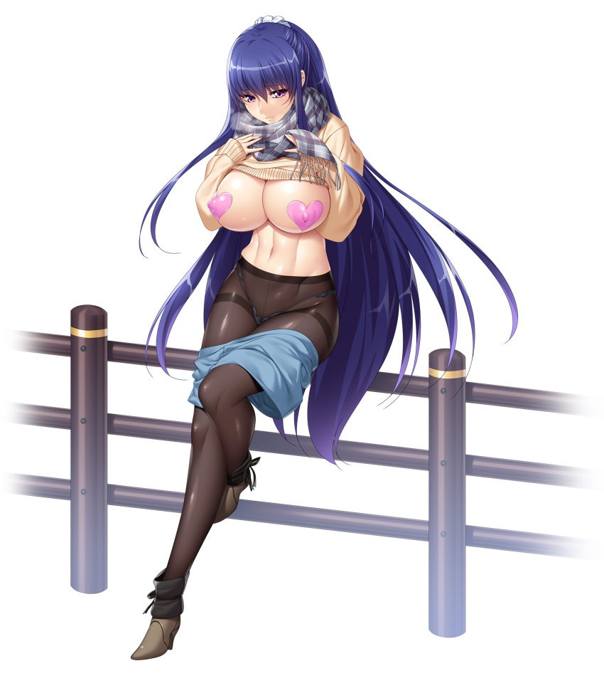 absurdres akiyama_rinko black_legwear blue_eyes blue_hair coat female highres long_hair looking_at_viewer navel nipples taimanin_(series) taimanin_rpgx taimanin_yukikaze winter_clothes winter_coat zol