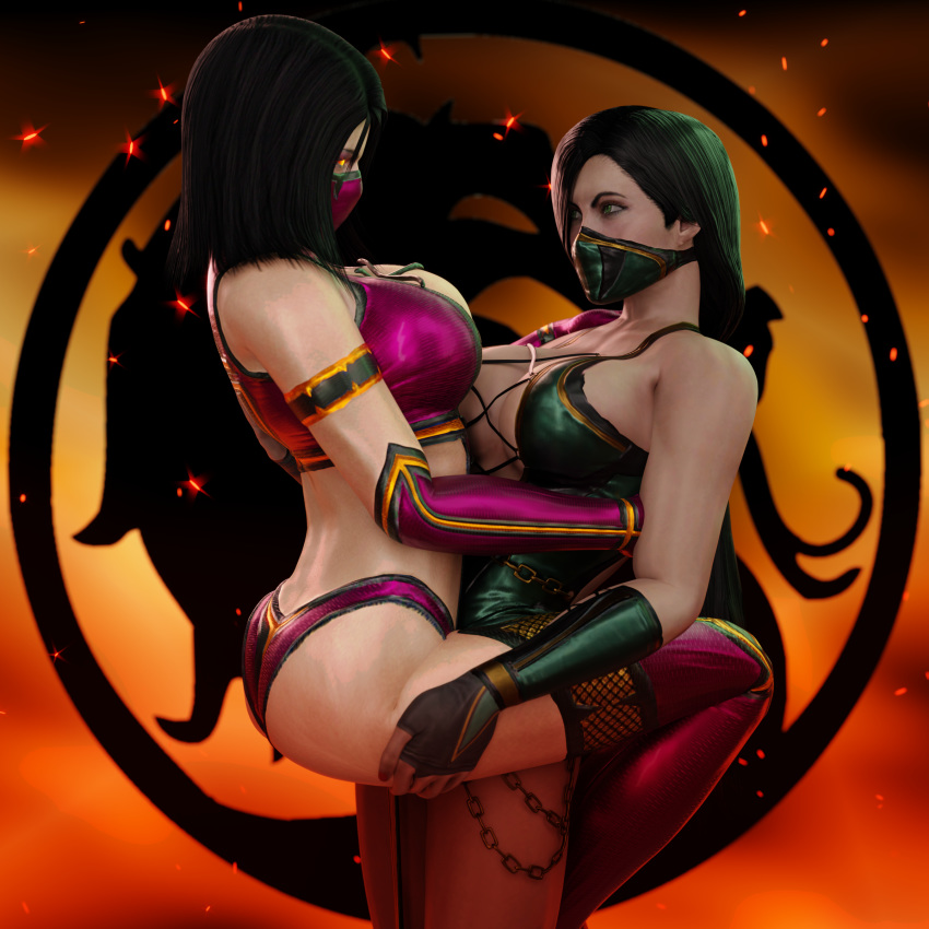 2girls 3d abs adeptusinfinitus alternate_breast_size ass back belly big_ass big_breasts black_hair blender breasts chains cleavage clothed eye_contact female female_only fingerless_gloves gloves glowing_eyes green_eyes green_hair hair_over_one_eye half-closed_eyes highres holding huge_breasts jade_(mortal_kombat) large_breasts logo looking_at_another looking_at_viewer mask midriff mileena mortal_kombat orange_background orange_eyes smaller_female standing thick_thighs wide_hips yuri