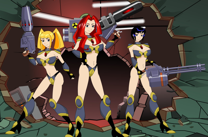 3_way_(slut_squad) 3girls big_breasts bikini_armor black_hair blonde_hair cherry_(3_way) gun high_heel_boots high_heels looking_at_viewer melody_(3_way) red_hair science_fiction tagme trix_(3_way) weapon