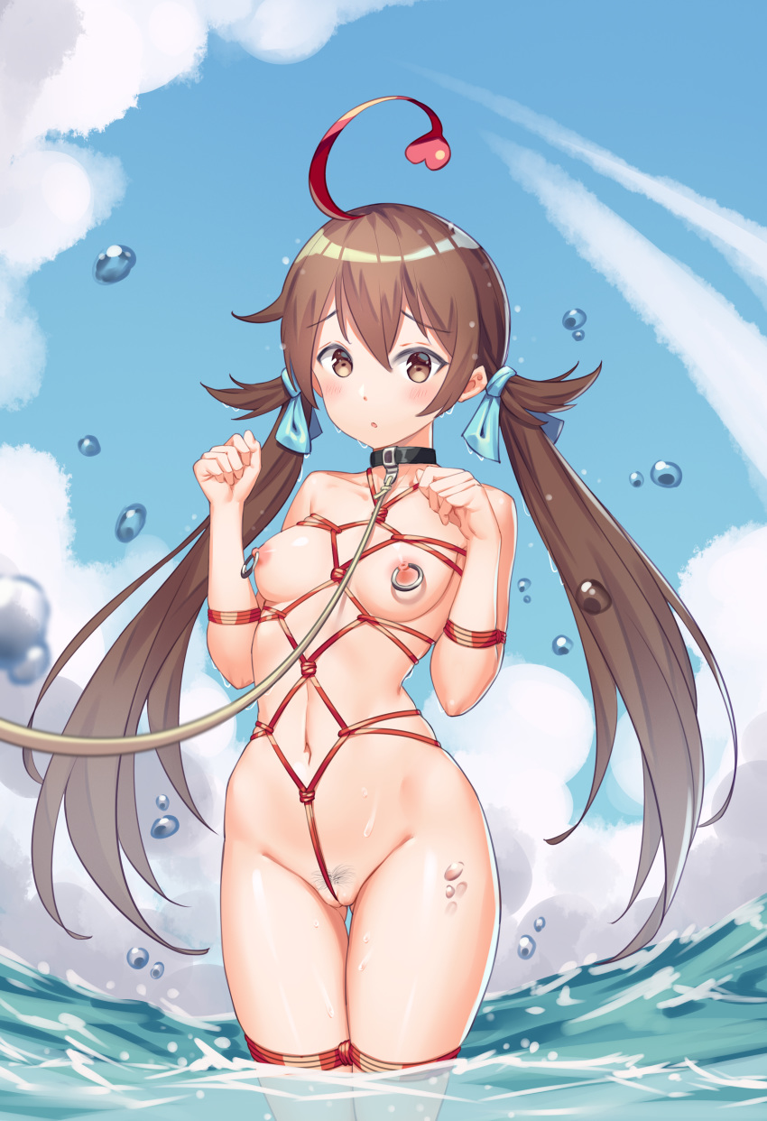 1girls absurdres between_labia blue_sky blush bondage bound breasts brown_eyes brown_hair collar dog_collar dripping female hair_ribbon highres innie_pussy konishi_(565112307) long_hair long_twintails medium_breasts navel nipple_piercing nipples on_water outdoors partially_submerged piercing pubic_hair pussy ribbon rope_bondage shinka_musume shinka_musume_channel sky solo tied_up twintails virtual_youtuber water