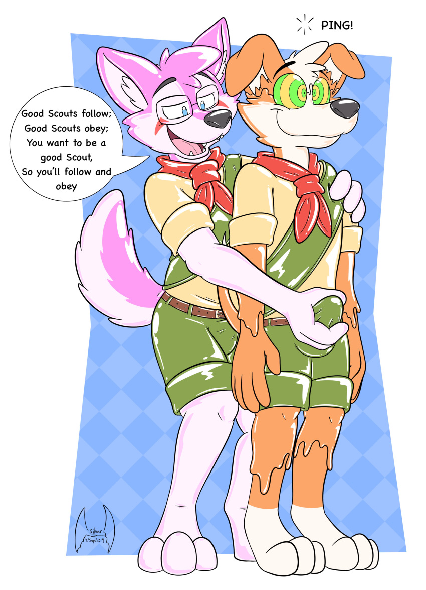 2019 2boys 3_toes absurd_res anthro belt benji_(jetstreampat) black_nose bottomwear boy_scout brainwashing bulge canid canine canis clothed clothing costume domestic_dog duo english_text fur goo_transformation hi_res husky hybrid hypnosis kiba_kurokage level000_(commissioner) male male/male male_only mammal markings mind_control multicolored_fur neckerchief nordic_sled_dog open_mouth rubber sash sharp_teeth shorts simple_background smile soul-silver-dragon sound_effects speech_bubble spiral spiral_eyes spitz tan_fur teeth text toes transformation two_tone_fur uniform white_fur wolf