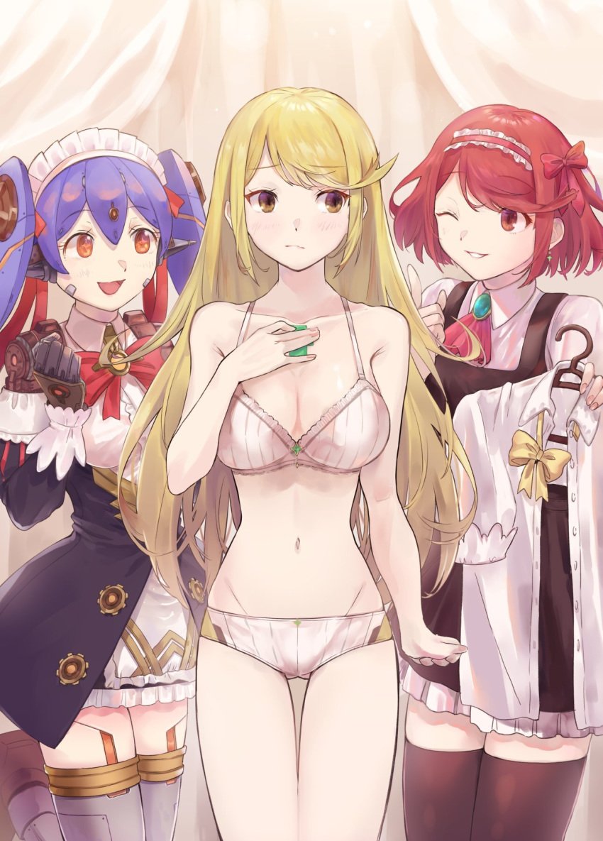 3girls android blinking blonde_hair blush bob_cut bra breasts brown_eyes cleavage clenched_hand clothes_removed dress earrings female female_only fujie-yz gears hair_ribbon hand_on_own_chest highres human index_finger_raised jewelry long_hair maid_cap maid_dress maid_headdress multiple_girls mythra_(xenoblade) nintendo panties poppi_(xenoblade) poppi_qt_(xenoblade) pyra_(xenoblade) red_eyes red_ribbon ribbon short_hair smile underwear white_bra white_panties xenoblade_(series) xenoblade_chronicles_2 yellow_eyes yellow_ribbon