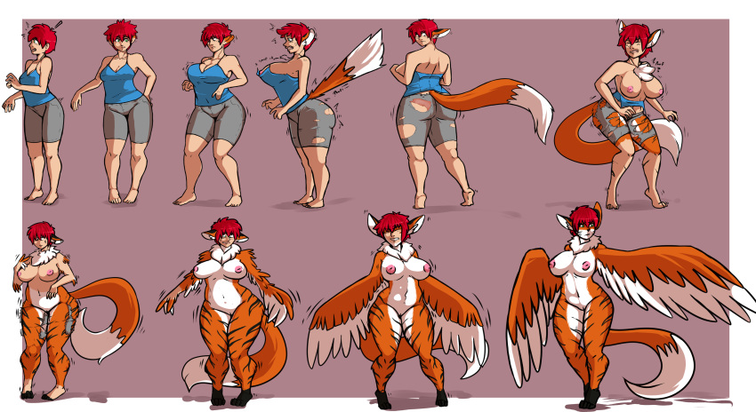 ! 2010s 2016 absurd_res anthro avian barefoot big_breasts blue_tank_top bottomwear breast_expansion breasts canid canine chest_tuft clenched_teeth clothing compression_shorts exposed_breasts exposed_pussy feathers felid female fox green_eyes grey_shorts hair harpy hi_res human human_to_anthro hybrid kyla_thompson mammal nipples nude open_mouth pantherine pussy red_hair ripped_clothing ripped_shorts sequence shirt short_hair shorts slipe solo species_transformation standing stripes surprise tail_growth tank_top teeth thick_thighs tiger tomboy topwear torn_clothes torn_clothing torn_shorts transformation tuft vagina voluptuous wide_hips wings