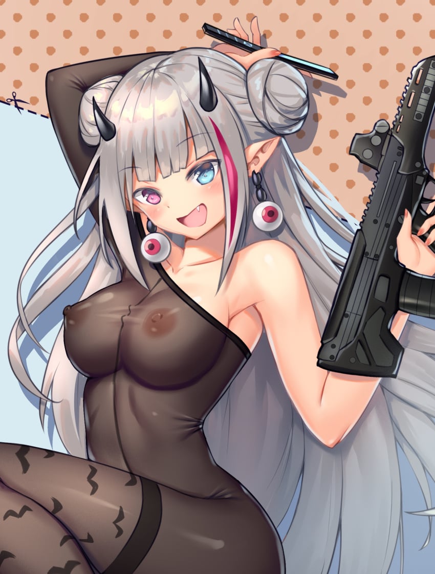 blush bodysuit breasts demon_horns double_bun earrings female girls'_frontline heterochromia highres holding holding_weapon horns jewelry konishi_(565112307) large_breasts long_hair mdr_(girls'_frontline) multicolored_hair navel nipples nude oerba_yun_fang open_mouth pointy_ears see-through see-through_clothing silver_hair skin_tight smile streaked_hair thighhighs thighs weapon