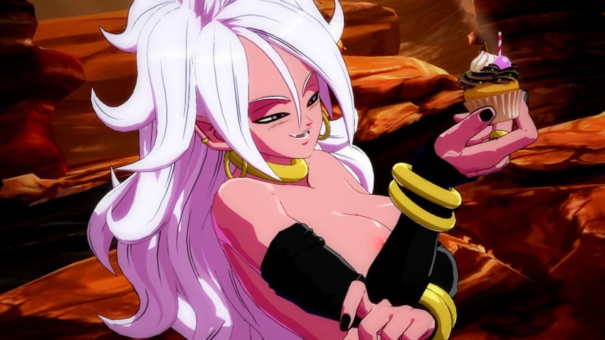 1girls 2010s 3d android_21 blue_eyes breasts dragon_ball dragon_ball_fighterz female humanoid light_persona long_hair majin majin_android_21 mod nude_mod pink_skin pointy_ears screencap white_hair