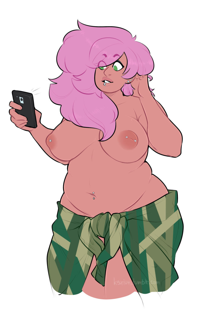 bbw cartoon_network cowboy_shot ear_piercing ear_piercings fat female female_focus female_only inverted_nipples ksuriuri large_breasts lip_piercing long_hair mystery_girl_(steven_universe) nipple_piercing pierced_nipples pink_hair plump pose smartphone solo solo_focus steven_universe taking_picture topless wide_hips