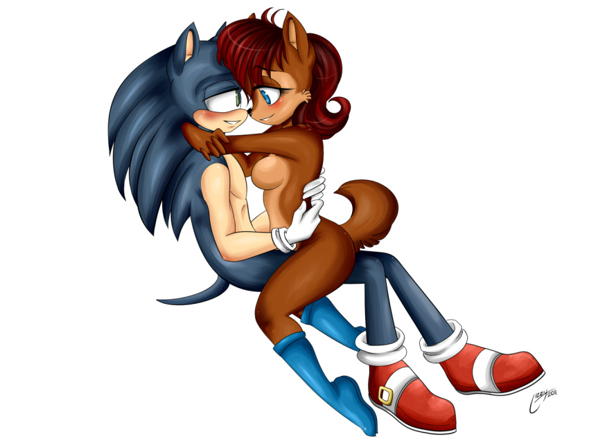 anthro blue_fur blush boots breasts brown_fur chipmunk clothing duo eulipotyphlan eye_contact female footwear fur ground_squirrel hair hedgehog hybrid interspecies long_hair looking_at_another male mammal muscular nude princess red_hair rishi-chan rodent romantic_couple royalty sally_acorn sciurid shoes side_boob sitting smile sonic_(series) sonic_the_hedgehog straight tree_squirrel