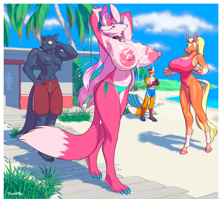 anthro beach big_breasts breasts canid canine clothed clothing collar collar_tag crackiepipe curvaceous denisse_(crackiepipe) detailed_background equid equine female fox group hi_res hooves horse huge_breasts male mammal muscular muscular_male nipples outside phoebe_(crackiepipe) pink_nipples public seaside smile standing swimwear toes topless wide_hips