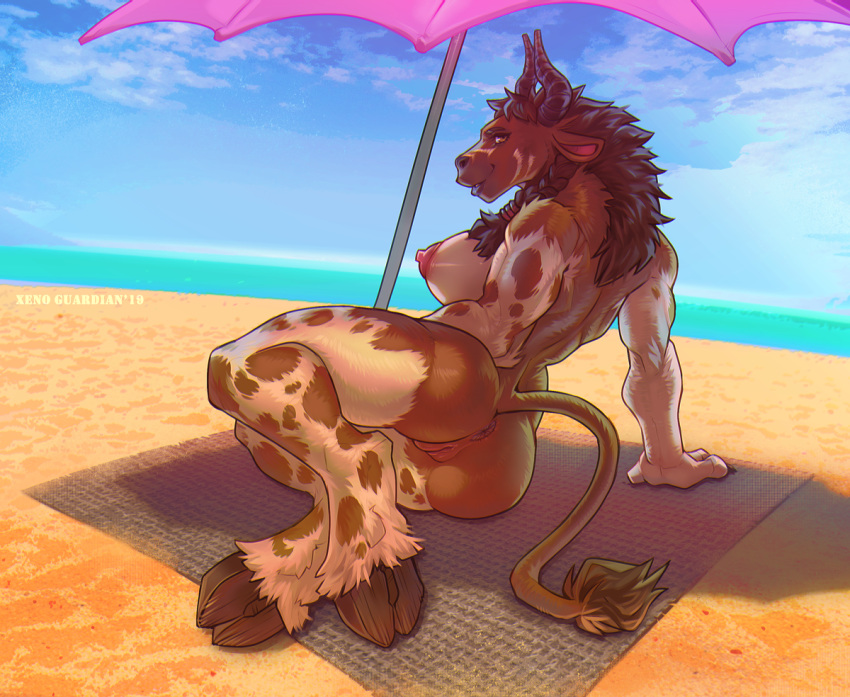 anthro anus ass beach big_breasts blizzard_entertainment bovid bovine bra-ded_hair breasts cloven_hooves female female_minotaur furry hair hooves horns mammal minotaur_female monster_girl nipples nude outside pussy sand sea seaside smile solo tauren tauren_female umbrella video_games warcraft water xenoguardian