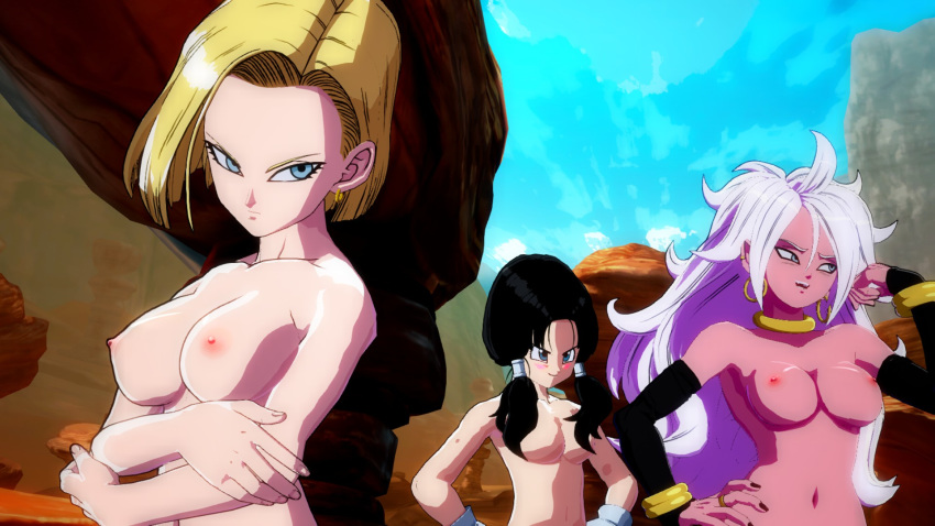 2010s 3d 3girls android_18 android_21 blonde_hair blue_eyes breasts curly_hair dragon_ball dragon_ball_fighterz dragon_ball_z edit female hoop_earrings human humanoid light_persona long_hair majin majin_android_21 mod nude_mod pale-skinned_female pale_skin pink_skin pointy_ears screencap short_hair tail topless twintails very_long_hair videl white_hair