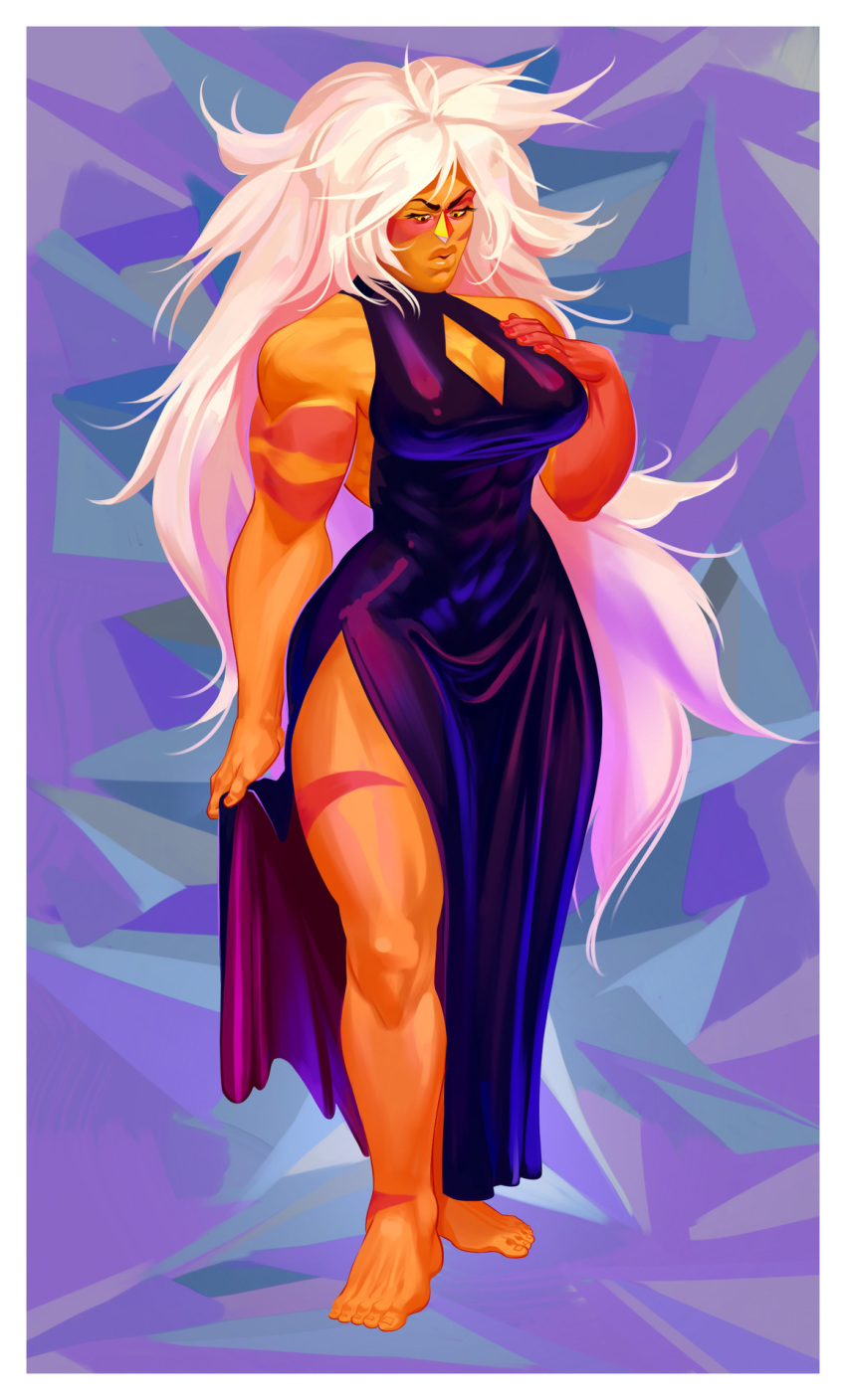 abs abstract_background bare_shoulders barefoot cleavage_cutout dress frame full_body gown hand_on_breast huge_breasts jasper_(steven_universe) morkovkasvekla muscular_female naughty_face orange_skin seductive standing steven_universe thick_thighs very_long_hair white_hair