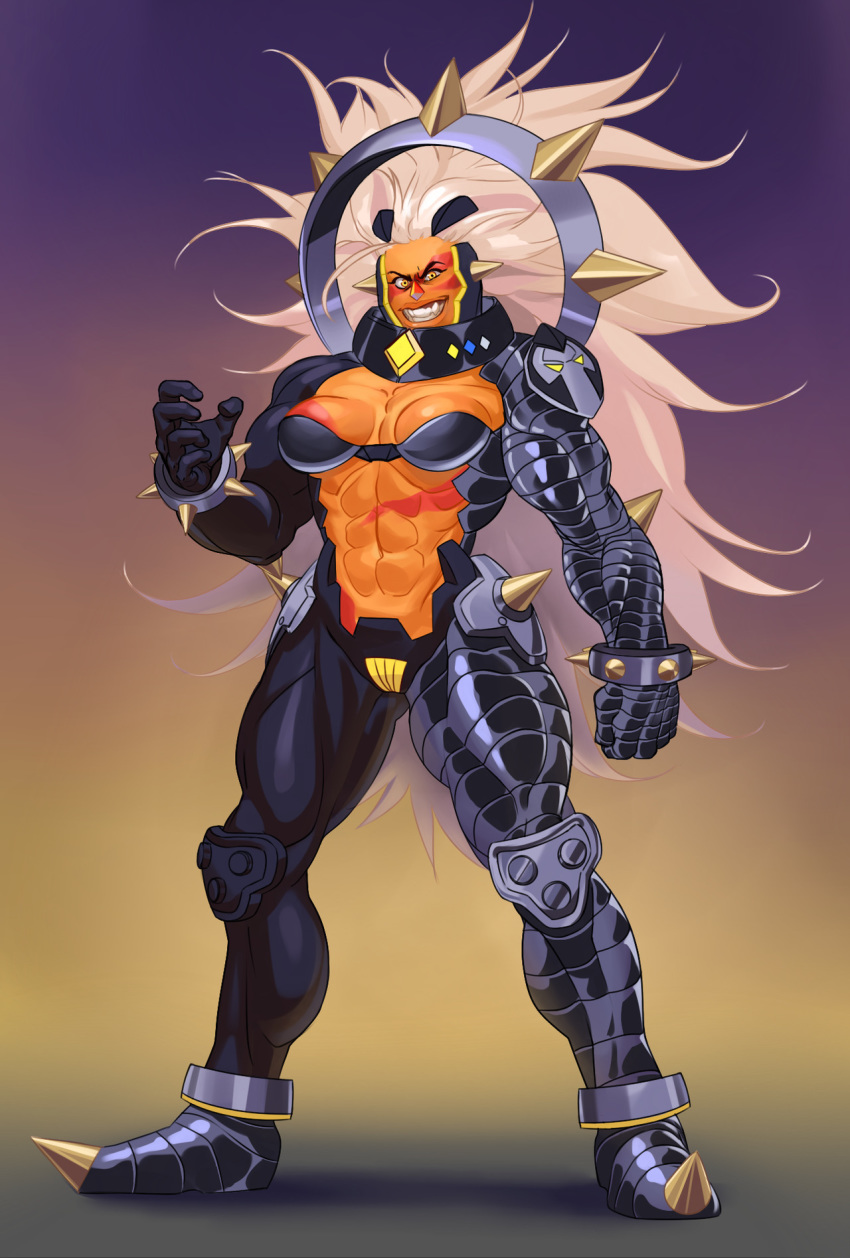 abs armor cleavage clenched_teeth crossover full_body gamagoori_ira gradient_background grin jasper_(steven_universe) kill_la_kill medium_breasts morkovkasvekla muscular_female orange_skin pose steven_universe very_long_hair