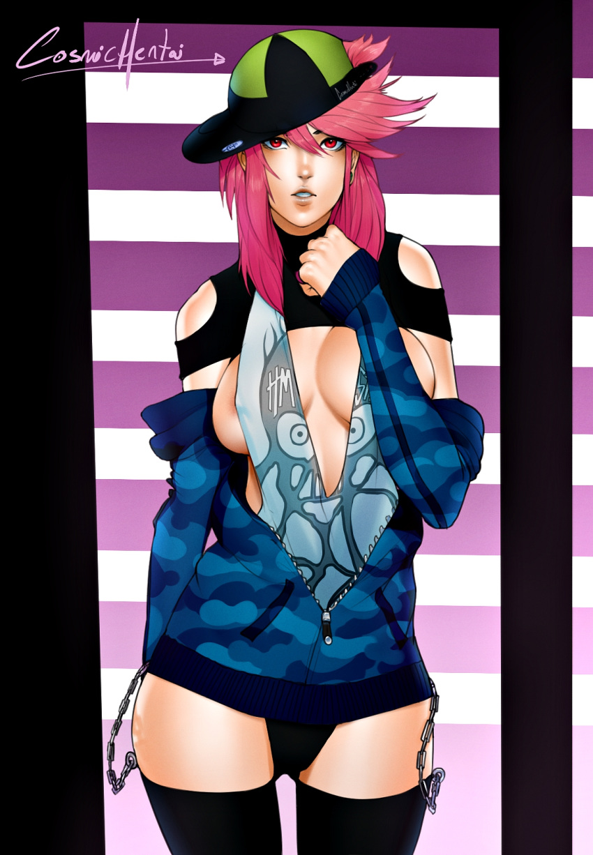 areola_slip cleavage cosmichentai cowboy_shot female hat hip_hop hoodie looking_at_viewer open_clothes original pink_hair punk red_eyes solo standing striped_background