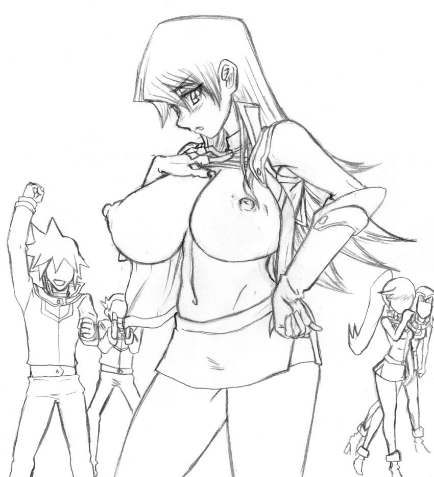 alexis_rhodes areolae big_breasts breasts busty elbow_gloves female fingerless_elbow_gloves huge_breasts large_breasts long_hair miniskirt monochrome multiple_boys multiple_girls obelisk_blue_uniform sketch spiky_hair voluptuous yu-gi-oh! yu-gi-oh!_gx zahkey