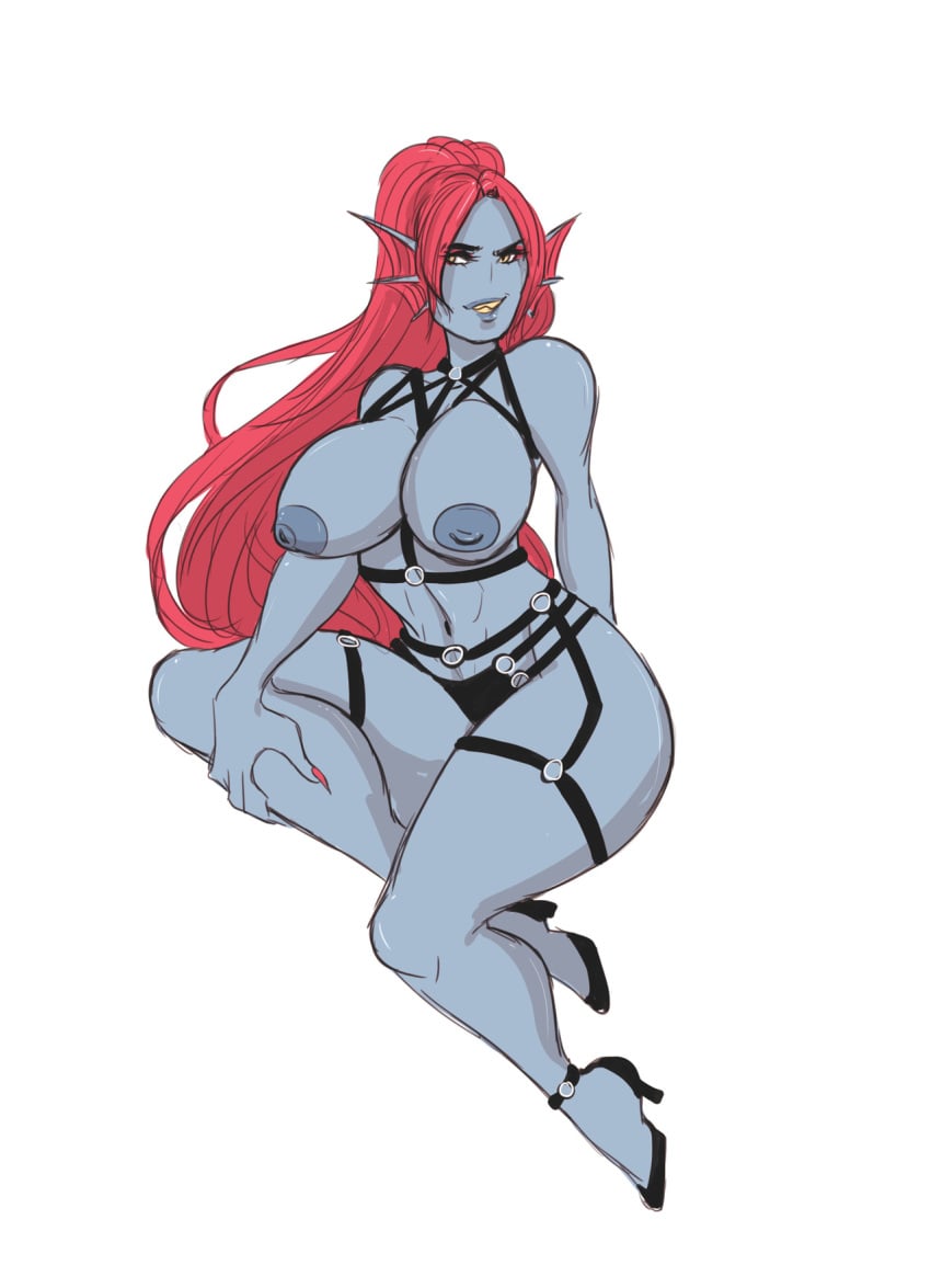 anthro big_breasts blue_skin fish furry kikis_tavern kikistavern lingerie ponytail pose red_hair sketch solo undertale undyne very_long_hair white_background