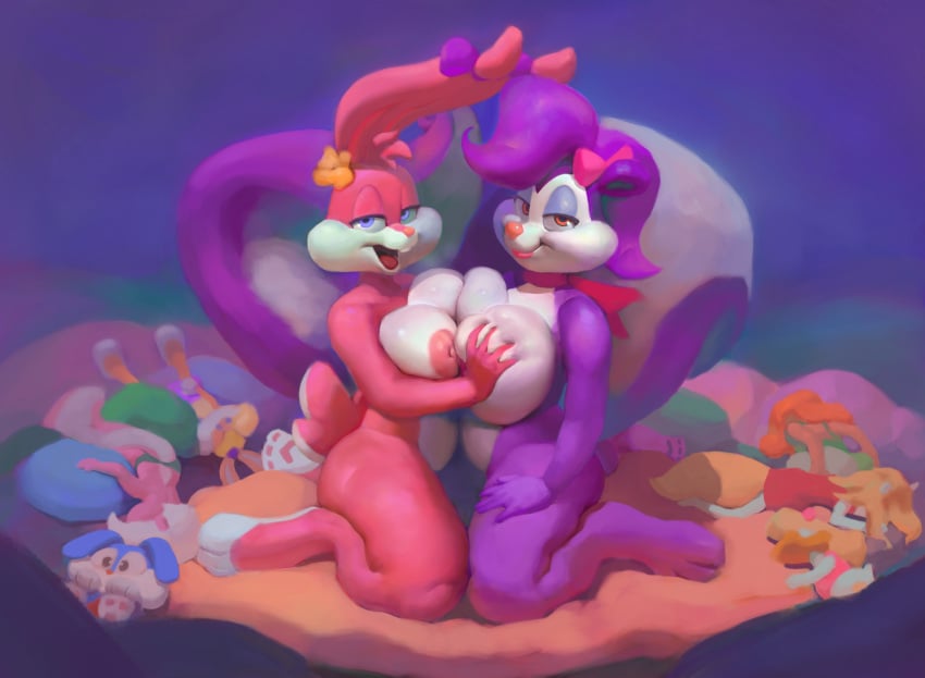 amber_eyes babs_bunny bedroom_eyes breasts doll fifi_la_fume flo_(artist) flower_in_hair flower_on_head furry huge_breasts lavender_eyes nipples pink_fur pink_nose plushie purple_fur seductive tail tiny_toon_adventures warner_brothers