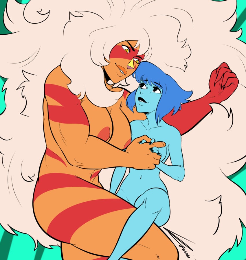 2girls areolae blue_hair blue_skin breasts cartoon_network duo female female_only jasper_(steven_universe) ksuriuri lapis_lazuli_(steven_universe) long_hair looking_at_another lying multiple_girls nipples nude orange_skin short_hair size_difference smile steven_universe two-tone_skin very_long_hair white_hair yuri