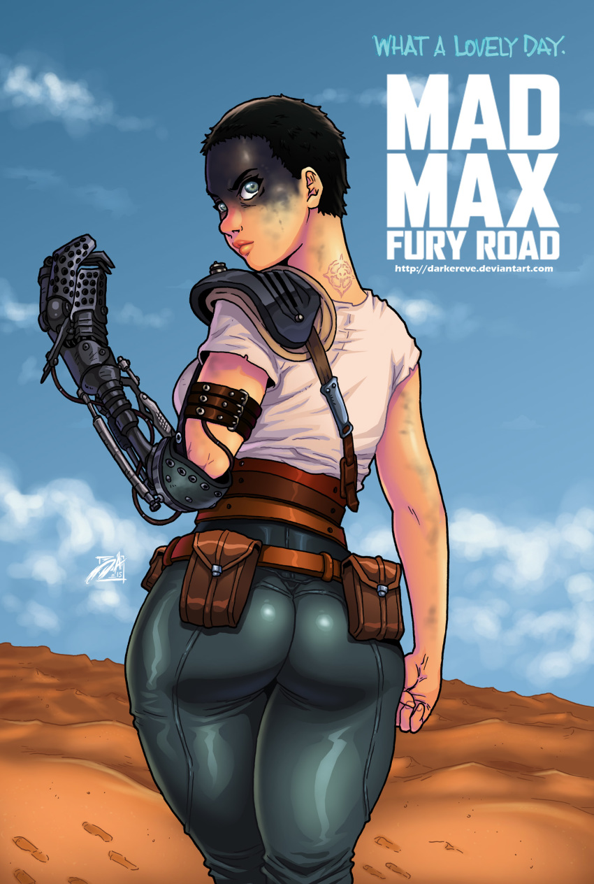 1girls ass belt big_ass bodypaint clothed_ass clothed_female clothed_sex clothing cybernetic_arm cybernetic_limb cybernetics cyborg darkereve dunes facepaint from_behind human human_only imperator_furiosa looking_back mad_max mad_max:_fury_road outdoors pants prosthetic_arm rear_view robotic_arm sand short_hair short_hair_female skin_tight solo standing tattoo tight_clothing tomboy very_short_hair