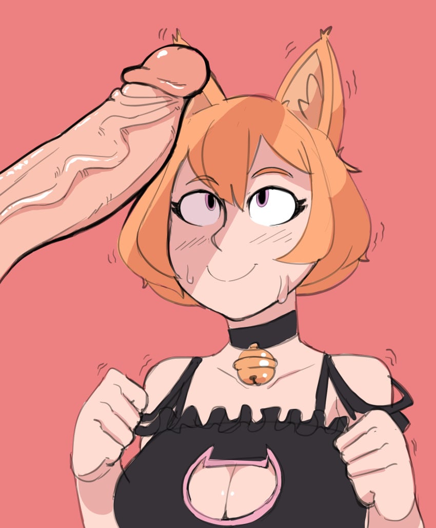 bell_collar big_penis cat_cutout cat_ears cat_lingerie cleavage_cutout cute erection eyes_on_the_prize happy imminent_fellatio imminent_oral large_breasts large_penis looking_at_penis nekomimi orange_hair original penis_awe penis_shadow pink_background portrait ragingbarbarians red_hair short_hair sketch smile sweat