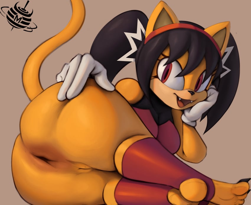 anthro anus ass clothed clothing felid feline female genitals gloves hand_on_butt hand_on_cheek handwear hi_res honey_the_cat mammal partially_clothed pussy red_eyes sega solo solo_focus sonic_(series) sonic_the_fighters sonic_the_hedgehog_(series) spinmajin spread_butt spreading tail