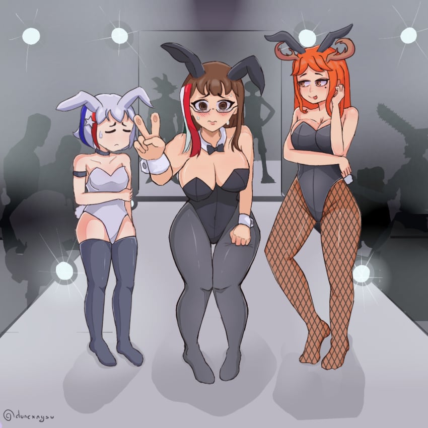 3girls american_female aurora_chan black_socks blush brown_hair bunny_ears bunny_girl bunny_tail bunnysuit canadian chilo_chan chilo_sports kool_chan long_socks mexican_female red_hair white_hair