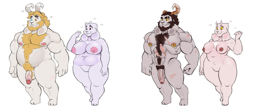 2018 2boys 2girls 4_fingers alternate_universe anthro anthro_only asgore_(underfell) asgore_au asgore_dreemurr balls beard big_breasts biped blonde_hair blush boss_monster bovid breasts buttdawg caprine chubby clothing digital_media_(artwork) erection facial_hair female fingers fur genitals hair heterochromia hi_res horn horns long_ears male mammal mature_female muscular nipple_piercing nipples nude nude_male penis piercing red_eyes scar simple_background standing toriel toriel_(underfell) toriel_au underfell undertale undertale_au undertale_fanfiction video_games white_background white_body white_fur yellow_sclera