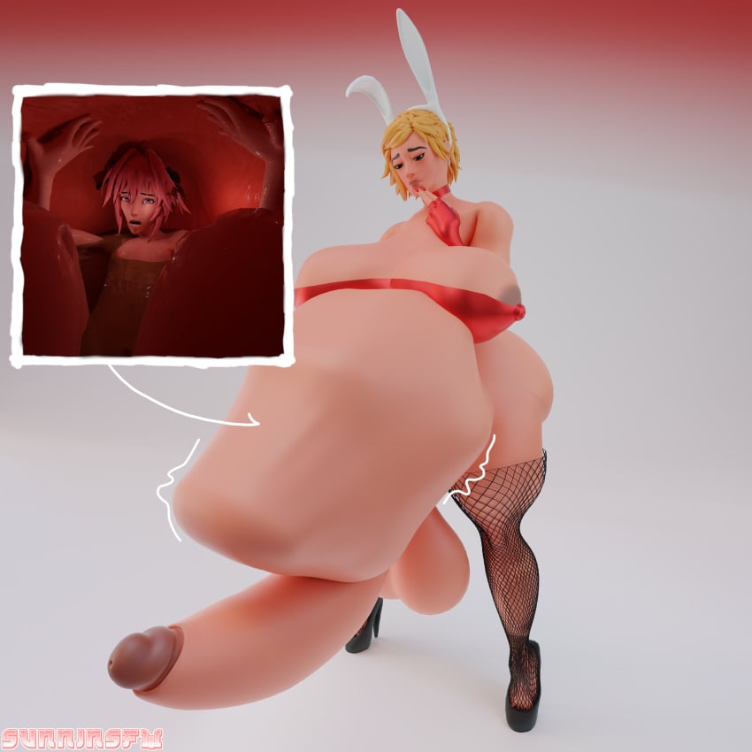 3d astolfo_(fate) big_ass big_breasts big_butt big_penis blonde_hair bunny_ears bunnysuit fishnets futanari futanari_pred heels huge_ass huge_balls huge_breasts huge_cock internal_view pink_hair same_size_vore sunninsfw sunny_(sunninsfw) vore vore_belly