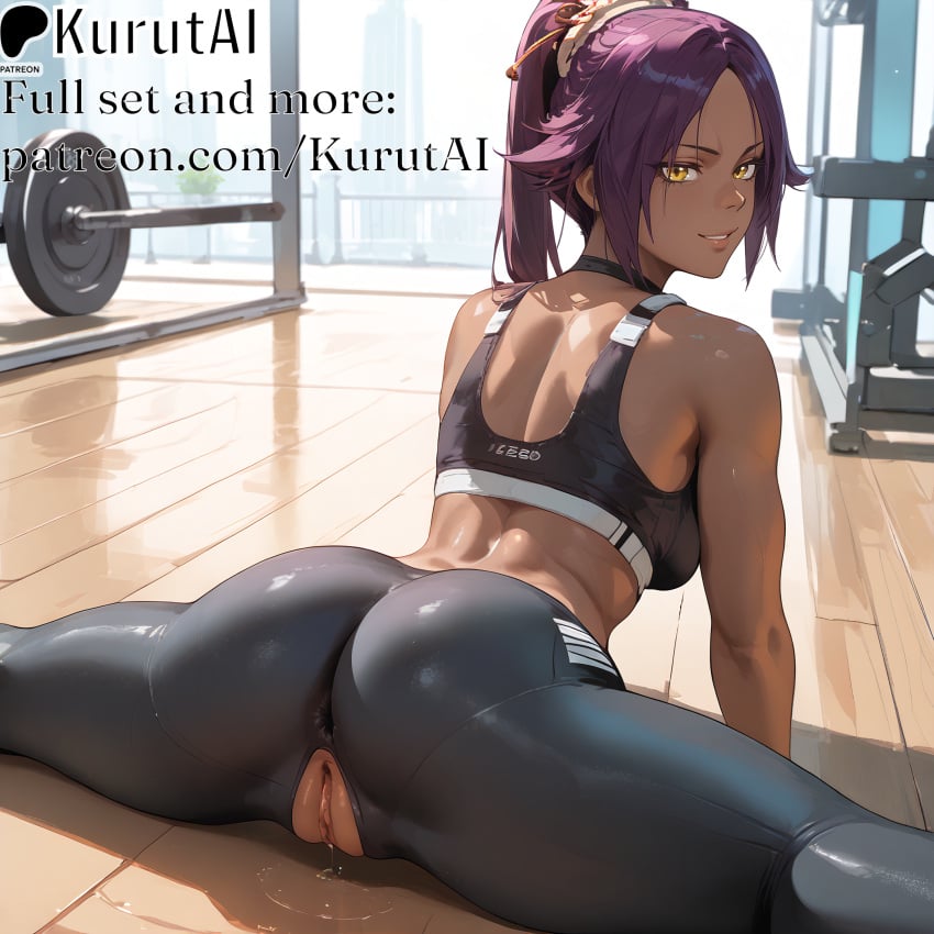 abs anus ass back bare_shoulders bleach breasts dark-skinned_female dark_skin from_behind gym long_hair looking_at_viewer looking_back muscular muscular_female pants ponytail purple_hair pussy pussy_juice shihouin_yoruichi shihouin_yoruichi smile solo sports_bra spread_legs sweat thighs toned uncensored yellow_eyes