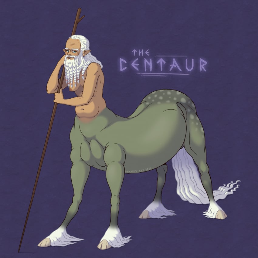 beard belly belly_button blue_eyes braided_beard braided_hair braids centaur chubby elderly elderly_male equid equid_taur equine equine_taur frankly-art hooves liver_spots male_breasts moobs navel nipples older_male receding_hairline sagging_breasts sagging_skin smile staff taur the_centaur_(frankly-art) wrinkles