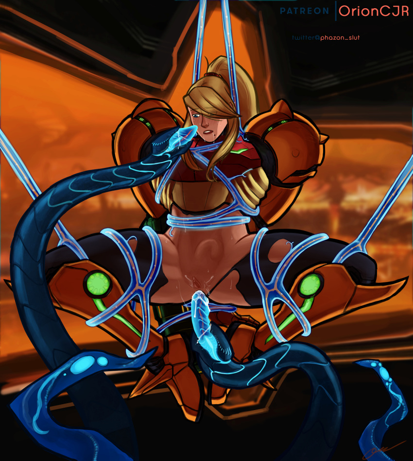 1girls anal armor armored_samus arms_behind_back bare_legs bare_midriff blonde_hair blue_eyes bondage drool exposed_pussy metroid metroid_prime_3:_corruption nintendo partially_clothed patreon_logo patreon_username phazon phazon_slut ponytail power_suit pubic_stubble pussy_juice restrained samus_aran signature spread_legs stomach_bulge sweat tentacle thick_thighs tied_up torn_bodysuit varia_suit