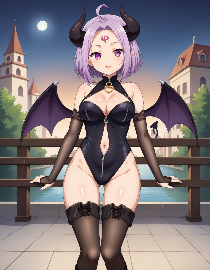 ahoge ai_generated bangs bare_shoulders black_gloves black_legwear black_leotard black_thighhighs blush boots breasts bridal_gauntlets building cleavage clothing clothing_cutout covered_navel demon_girl demon_horns demon_tail demon_wings elbow_gloves facial_mark female female forehead forehead_mark full_moon gloves horns large_breasts legwear leotard looking_at_viewer moon nail_polish navel night night_sky open_mouth original outdoors parted_lips pointed_ears purple_eyes purple_hair purple_nails short_hair sky smile solo standing succubus symbol-shaped_pupils tail thighhighs thighs wings zipper