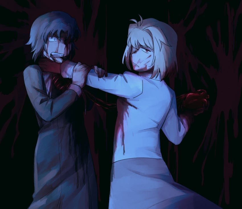 2girls ahoge angry arcueid_brunestud black_tunic blonde_hair blood blood_on_clothes blood_on_hands blood_splatter blue_eyes blue_hair ciel_(tsukihime) eye_socket guro heart heart_(organ) highres holding holding_heart looking_at_viewer multiple_girls organs purple_skirt red_eyes serious short_hair skirt strangling sweater tsukihime tunic turtleneck turtleneck_sweater vincent-san white_sleeve_cuffs wing_collar