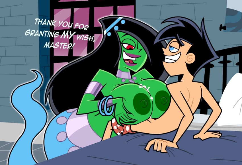 1boy 1girls accurate_art_style bed bedroom big_breasts black_hair blue_eyes breasts cum cumming danny_fenton danny_phantom desiree dialogue female genie green_skin huge_breasts male nickelodeon nipples paizuri red_eyes text zoda-z