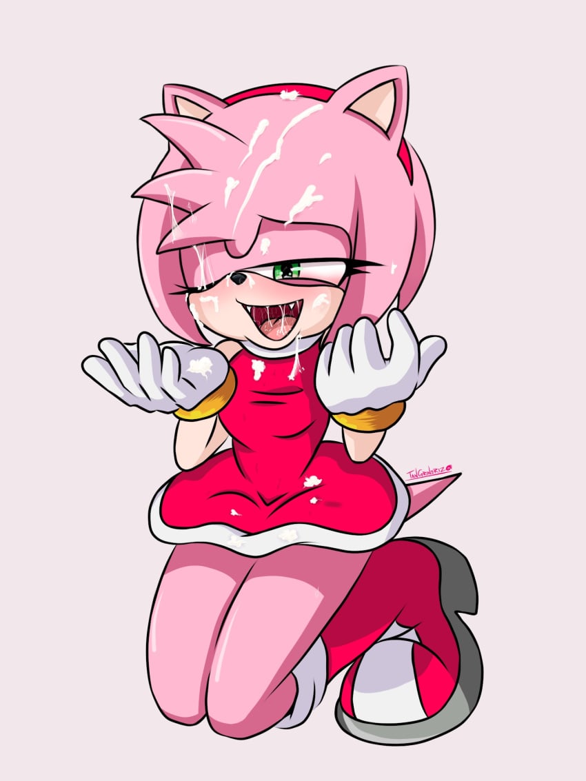 amy_rose bukkake cum cum_in_mouth face_cum furry gloves green_eyes mobian_(species) pink_body semen_on_face sonic_(series) thighs