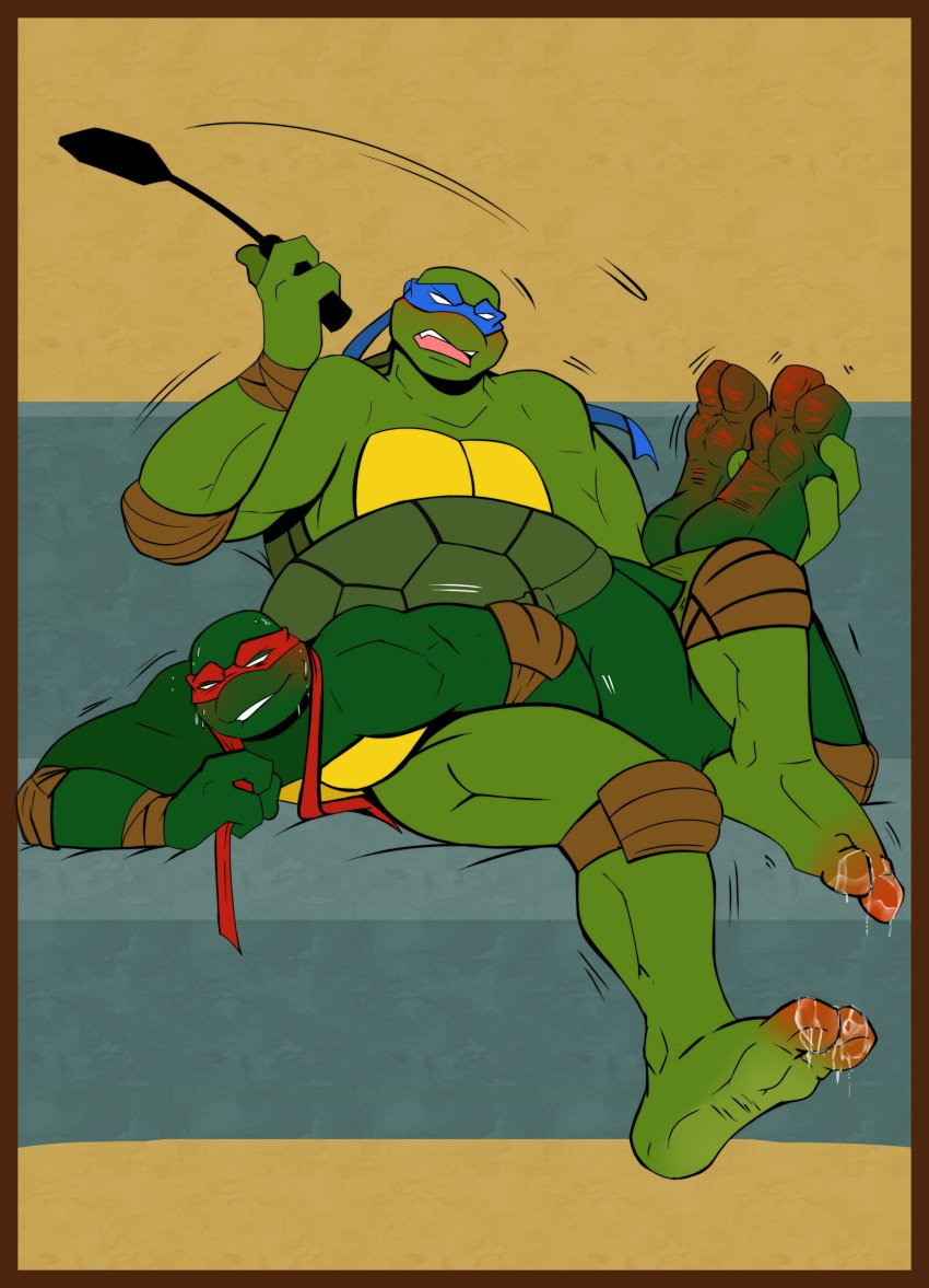 2_toes 3_fingers absurd_res anthro blush bodily_fluids bondage border brother_(lore) brothers_(lore) comic dialogue digital_media_(artwork) duo english_text feet feet_up fingers foot_fetish foot_grab gay hi_res holding_object holding_whip hurt_expression incest_(lore) leonardo_(tmnt) looking_at_viewer lying male male/male mask mishajeans on_front open_mouth orange_border pain plantigrade raphael_(tmnt) reptile saliva saliva_on_foot scalie shell sibling_(lore) simple_background sitting smile soles speech_bubble submissive submissive_male sweat sweatdrop tail teenage_mutant_ninja_turtles text toes turtle whip whip_mark whip_mark_on_foot wounded