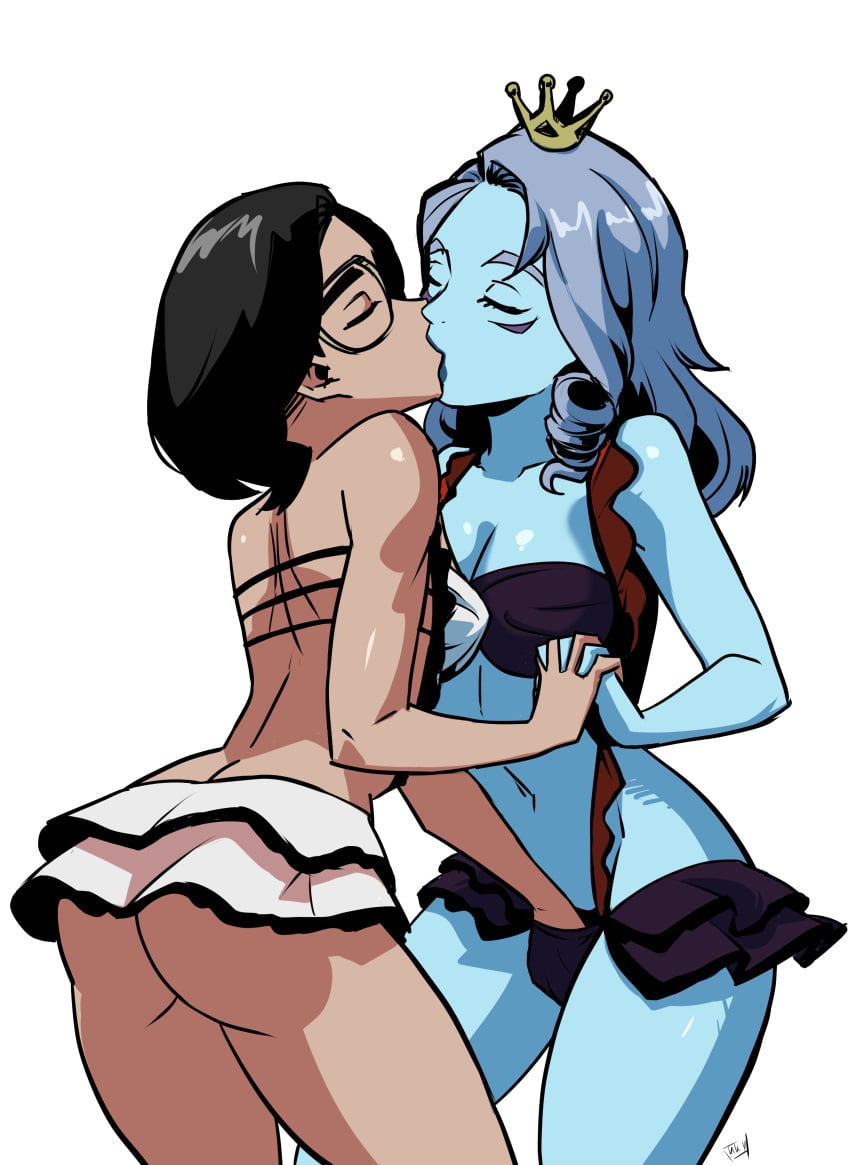 2girls alien alien/human alien_girl alien_humanoid alternate_version_available ami_wakita ass ass_focus black_eyes black_hair blue_hair blue_skin breasts crown fingering fingering_pussy glasses hi_res kissing kukuruyo lace_lingerie lingerie lingerie_bra lingerie_panties maaya_(ultraman) navel netflix skirt small_crown ultraman_(franchise) ultraman_(netflix_series) ultraman_rising yuri