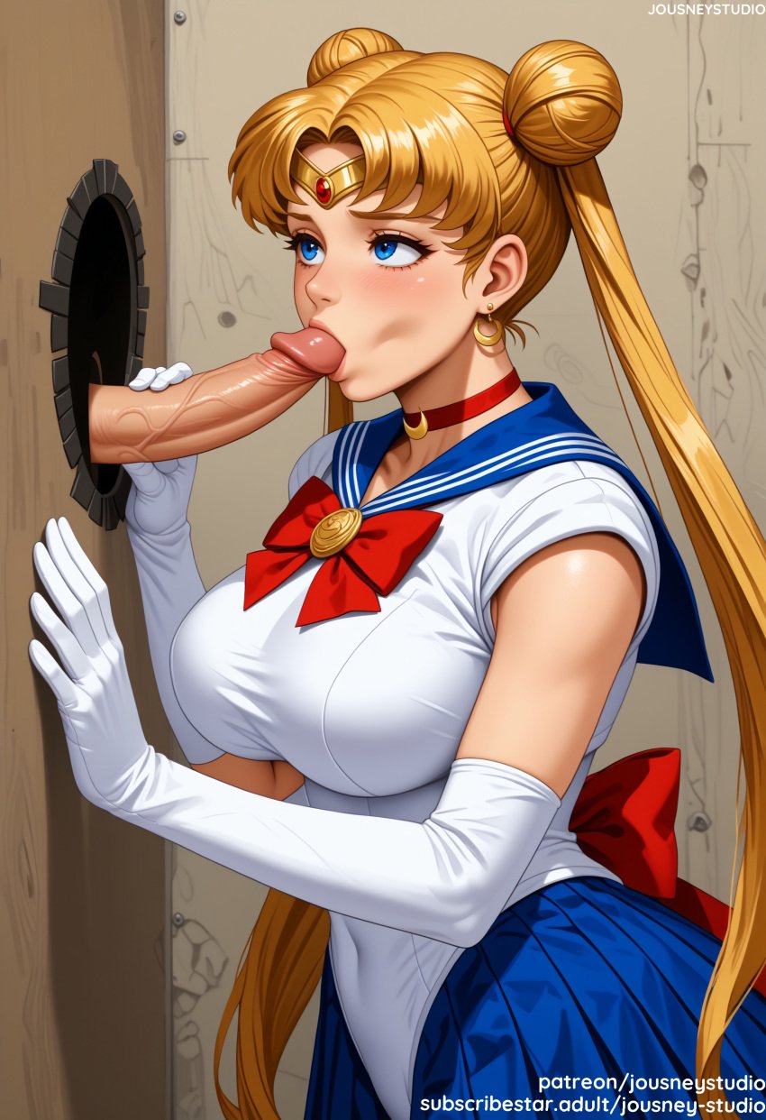 1boy ai_generated bangs bishoujo_senshi_sailor_moon blonde_hair blue_eyes blue_sailor_collar blue_skirt blush bow bowtie breasts choker clothing crescent crescent_earrings double_bun earrings elbow_gloves erection fellatio female female gloves hair_bun hair_ornament indoors jewelry jousneystudio large_breasts large_penis leotard lips long_hair looking_at_viewer magical_girl makeup male oral penis pleated_skirt red_bow red_choker sailor_collar sailor_moon sailor_moon_(character) sailor_moon_(series) sailor_senshi_uniform school_uniform shirt skirt solo_focus straight testicles tiara tied_hair tsukino_usagi twintails uncensored uniform usagi_tsukino veins veiny_penis white_gloves