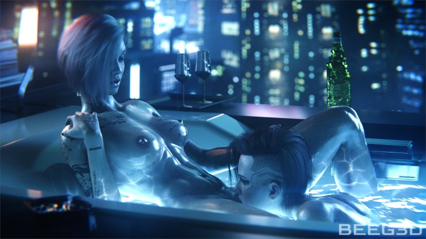 2females 2girls 3d artist_name asymmetrical_hair bath beeg3d cityscape cunnilingus cyberpunk cyberpunk_(series) cyberpunk_2077 eating_pussy female female_on_female female_only highres indoors judy_alvarez lesbian lesbian_oral multiple_girls night nipples nude oral sidecut skyscraper undercut v_(cyberpunk) v_(cyberpunk_2077) valerie_(cyberpunk) wet wholesome yuri