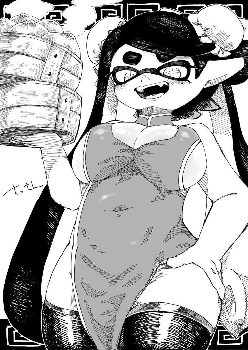 +_+ 1girls bare_shoulders breasts callie_(splatoon) chinese_clothes cleavage_cutout clothing_cutout female food hair_bun inkling inkling_girl large_breasts mole mole_under_eye monochrome nintendo oerba_yun_fang pointy_ears sassan sideboob sleeveless splatoon teeth tentacle_hair thighhighs twintails upper_teeth_only