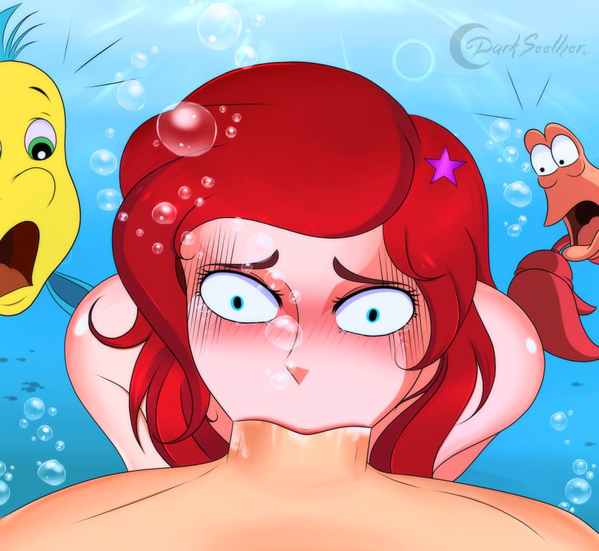 1girls 3boys ariel ariel_(the_little_mermaid) blush close-up darkseether deepthroat disney disney_princess extreme_close-up fellatio female flounder low-angle_view male offscreen_male oral_sex penis sebastian_(disney) sucking_penis the_little_mermaid underwater wide_eyed