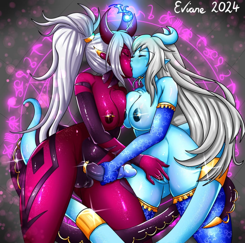 1futa 1girls barbell_piercing big_breasts blizzard_entertainment blue_skin draenei eviane female fingering futanari handjob horns kissing nipple_piercing original_character pyrista red_skin tail thick_thighs thighhighs voluptuous voluptuous_female warcraft white_hair wide_hips world_of_warcraft