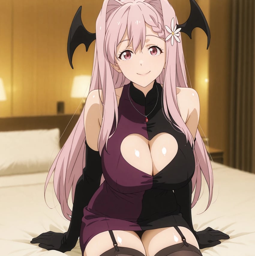 ai_generated bare_thighs flower_in_hair garter_belt gigantic_breasts himemiya_karen huge_breasts huge_thighs light-skinned_female light_skin long_hair looking_at_viewer make_heroine_ga_oo_sugiru! massive_breasts pink_eyes pink_hair smiling solo_female squatting succubus succubus_wings sweat sweatdrop thick_body thick_female thick_thighs thighs tokiwa040404 voluptuous voluptuous_female