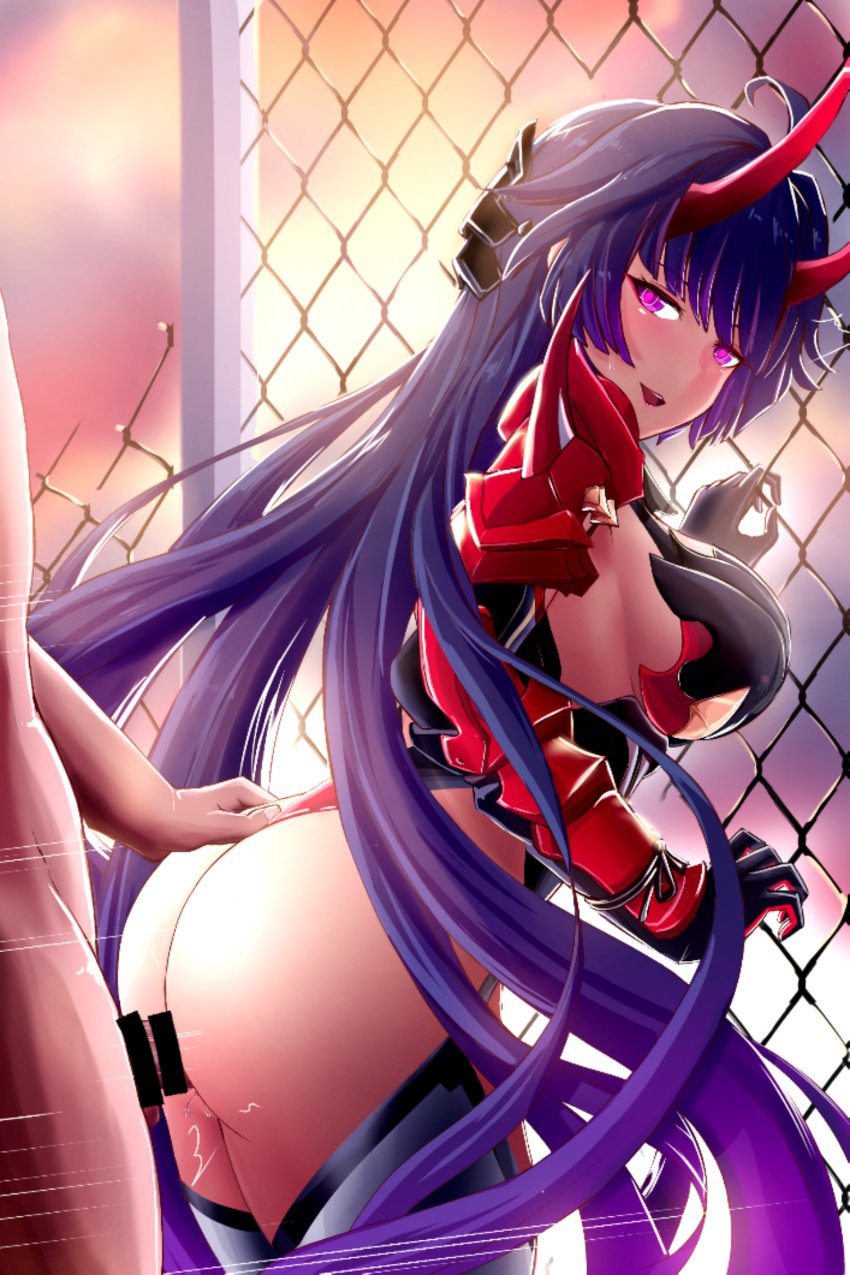 1boy 1girls armor armored_female bar_censor black_gloves bottomless censored fence from_behind from_behind_position hand_on_ass honkai_impact_3rd horns large_breasts looking_back movement_lines open_mouth outdoor_sex outdoors partially_clothed pink_pupils purple_eyes purple_hair raiden_mei raiden_mei_(herrscher_of_thunder) red_horns sex sex_from_behind slash-ex smile standing standing_doggy_style standing_sex vaginal_penetration very_long_hair white_thighhighs