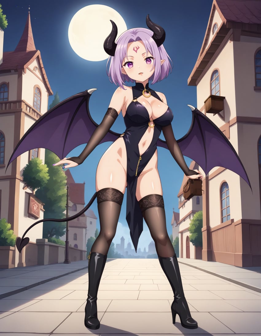 ai_generated bangs bare_shoulders black_dress black_footwear black_gloves black_legwear black_thighhighs blush boots breasts bridal_gauntlets cleavage clothing clothing_cutout covered_navel demon_girl demon_horns demon_tail demon_wings dress elbow_gloves facial_mark female female footwear forehead forehead_mark full_body full_moon gloves high_heel_boots high_heels holding horns knee_boots large_breasts legwear leotard looking_at_viewer moon nail_polish navel night night_sky open_mouth original outdoors pelvic_curtain pointed_ears purple_eyes purple_hair purple_nails shoes short_hair sky smile solo standing succubus tail thigh_boots thighhighs thighs wings